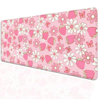 Strawberries and Flowers Extended Desk Pad Mouse Pad,Large Gaming Butterfly Floral Mouse Mat with Stitched Edges,Non-Slip Rubber Base Mousepad for Office PC Keyboard Laptop Home - color: Pink Butterfly Strawberry Flower