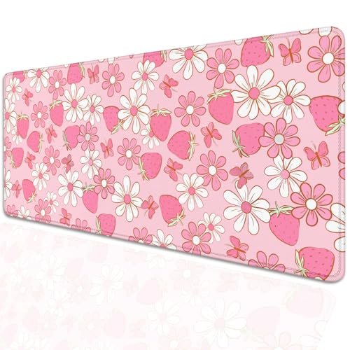 Strawberries and Flowers Extended Desk Pad Mouse Pad,Large Gaming Butterfly Floral Mouse Mat with Stitched Edges,Non-Slip Rubber Base Mousepad for Office PC Keyboard Laptop Home - color: Pink Butterfly Strawberry Flower