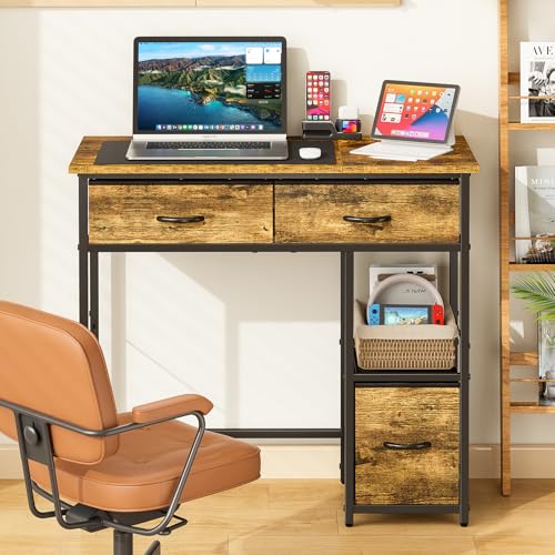 3IngSeagulls 33 Inch Small Computer Desk with Fabric Drawers, Home Office Desk with Storage Shelf, Compact Desks for Small Spaces, Teen Study Table for Bedroom, Rustic Brown