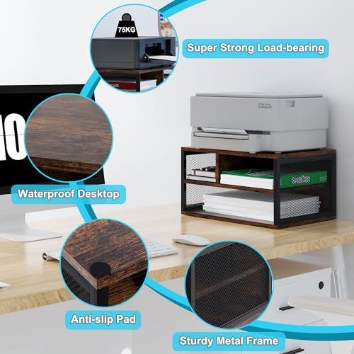 Wooden Printer Stand with Storage,Multi-Functional 2-Tier Paper Organzier Shelf Printer Table Desk for Home Office with Steel Frame,Antique Brown