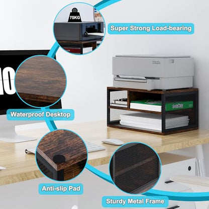 Wooden Printer Stand with Storage,Multi-Functional 2-Tier Paper Organzier Shelf Printer Table Desk for Home Office with Steel Frame,Antique Brown