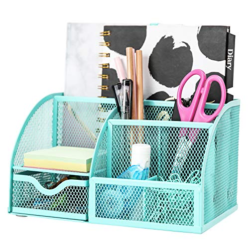 Exerz Desk Organizer 7 Compartments Metal Mesh Pen Holder Turquoise - color: Turquoise