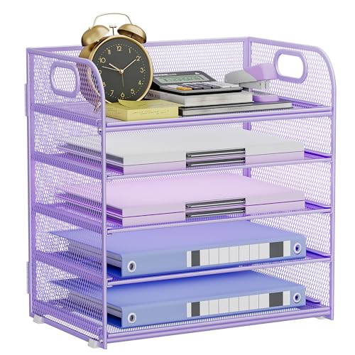 5-Tier Stackable Paper Organizer with Handle, Purple | Metal Mesh Letter Tray, Elegant Desk File Sorter for Office, Home & Classroom Organization - color: Purple, size: 12.6" x 9.1" x 13.4"