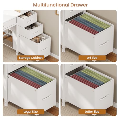 SEDETA Computer Desk with 5 Drawers and Bookshelf, Reversible Home Office Desk with Storage Shelves and File Drawer, Gaming Desk with LED Lights for Small Spaces, White - color: White