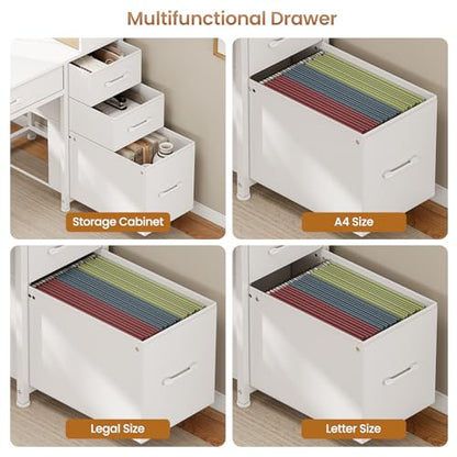 SEDETA Computer Desk with 5 Drawers and Bookshelf, Reversible Home Office Desk with Storage Shelves and File Drawer, Gaming Desk with LED Lights for Small Spaces, White - color: White