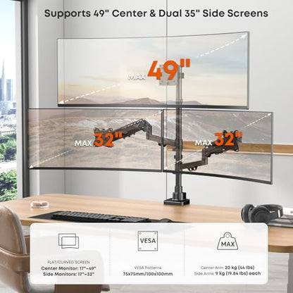 Triple Monitor Mount up to 49 inches, Fully Adjustable Gas Spring Arm | Heavy Duty, Cable Management, Ultrawide/Curved/Flat Monitors, C-Clamp & Grommet Base, Holds 44 lbs,75/100mm VESA, Black - size: Up to 49 Inch