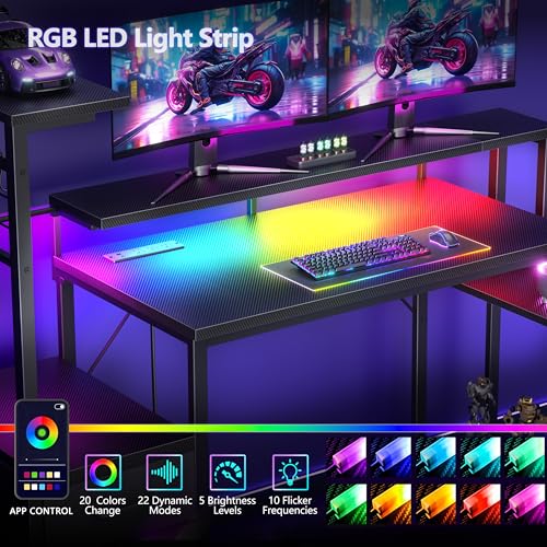 Korfile 48" Gaming Desk with Power Outlet, LED, Carbon Fiber Black Finish - size: 48 Inches
