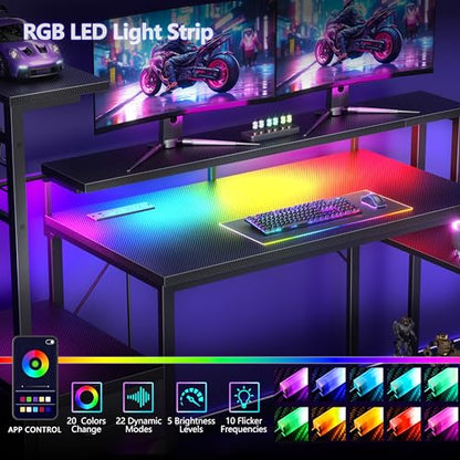 Korfile 48" Gaming Desk with Power Outlet, LED, Carbon Fiber Black Finish - size: 48 Inches