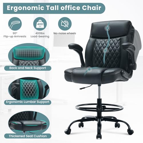 MAHOMICO Drafting Chair for Standing Desk – Tall Office Chair with Adjustable Height & Foot Ring, Flip-Up Arms, Lumbar Support – Comfortable Leather Seat, Ideal Home Desk Chair - color: Leatherblack