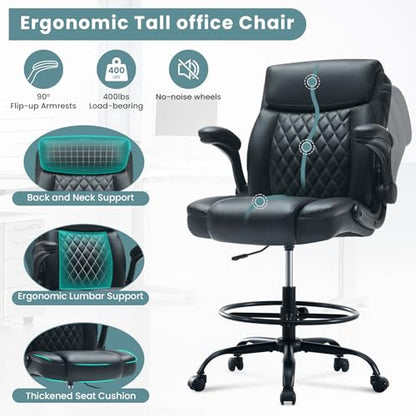 MAHOMICO Drafting Chair for Standing Desk – Tall Office Chair with Adjustable Height & Foot Ring, Flip-Up Arms, Lumbar Support – Comfortable Leather Seat, Ideal Home Desk Chair - color: Leatherblack