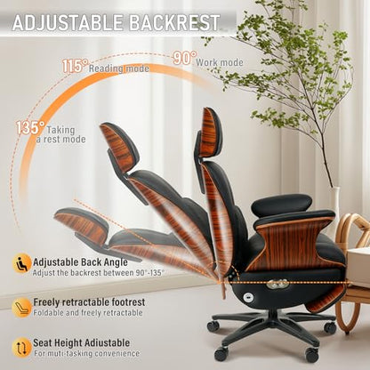 Ergonomic Leather Office Chair,Electric Recline/Footrest/Massage | 90-135° recline, footrest, 3-level massage, S-curve support, fits 5'3-6'1, solid wood, all-day comfort for home office,black - color: Black