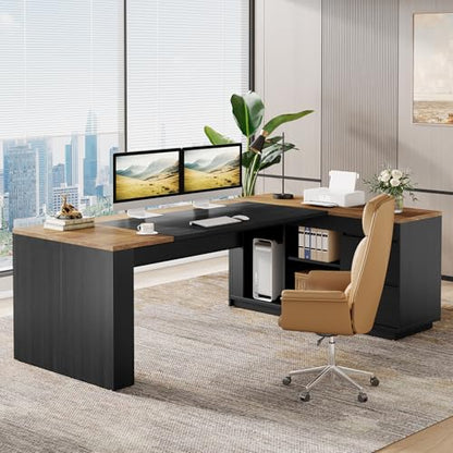 Tribesigns 78" L Shaped Executive Desk with Drawers, Large Office Computer Desk with Cabinet and Storage Shelves, Modern Business Furniture Sets Workstation for Home Office (Brown&Black) - color: Brown&black