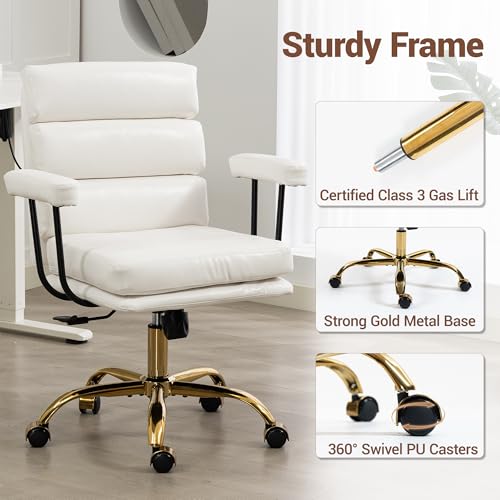 Leather Office Chair with Wheels,Ergonomic Swivel Rolling Task Chair,Padded Seat and Armrests,Adjustable Height Home Desk Chair,Executive Computer Chair, Gold Base Makeup Vanity Chair,White - color: White