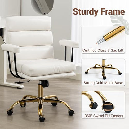 Leather Office Chair with Wheels,Ergonomic Swivel Rolling Task Chair,Padded Seat and Armrests,Adjustable Height Home Desk Chair,Executive Computer Chair, Gold Base Makeup Vanity Chair,White - color: White