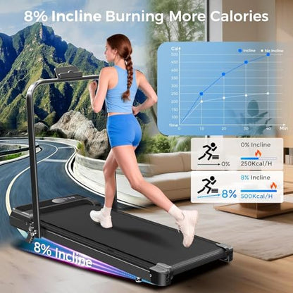 Walking Pad Treadmill with 8% Incline & Handle Bar, 2.5HP Portable Under Desk Treadmill for Home Office, Compact Foldable Treadmill Quiet Anti-Slip, 0.6-3.8 MPH Remote Speed Control, 350LBS Capacity