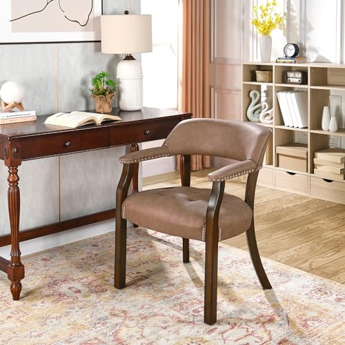 LEEMTORIG Set of 2 Faux Leather Dining Chair with Arms, Solid Wood Dining Chair with Supportive Back, Boss Caption's Chairs Office Desk Chairs, Espresso Legs & Yellowish Brown PU CY-NX173-318EY - color: Espresso Legs & Yellowish Brown Pu, size: Set of 2