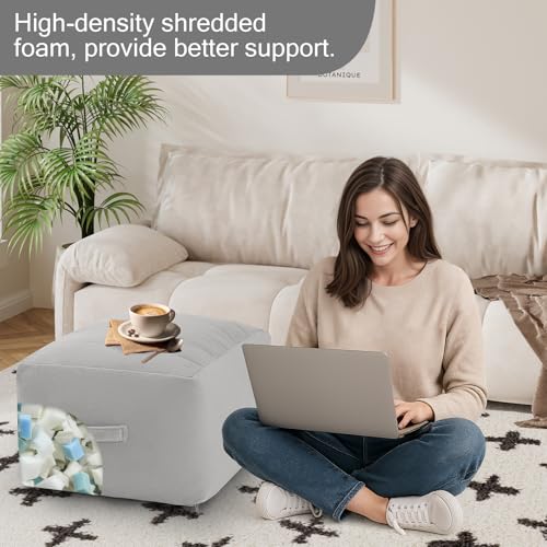 MeMoreCool Square Stuffed Pouf Ottoman Foot Rest, Floor Pouf Foot Stool with Foam Chunk Filling, Soft Stuffed Ottoman Footrest for Living Room, Light Grey - color: Striped Light Grey