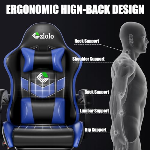 Czlolo Gaming Chair with Footrest Racing Style Lumbar Support Massager Video Game Chair with Metal Legs, High Back Gamer Chair with Headrest, 360° Swivel Office Computer Desk Chair, Navy Blue - color: Navy Blue