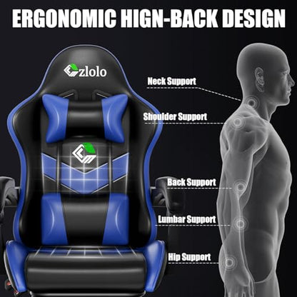 Czlolo Gaming Chair with Footrest Racing Style Lumbar Support Massager Video Game Chair with Metal Legs, High Back Gamer Chair with Headrest, 360° Swivel Office Computer Desk Chair, Navy Blue - color: Navy Blue