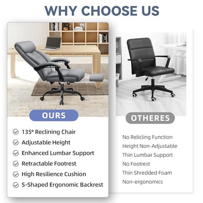 Office Chair, Big and Tall Office Desk Chair, Reclining Office Chair with Footrest Home Office Desk Chairs, High Back Ergonomic with Lumbar Support, Executive Leather - color: Grey, style: With Footrest