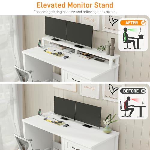 Vabches 47" Farmhouse Executive Desk with 4 Drawers and LED Lights, White - color: White, size: 4 Drawers & Monitor Stand