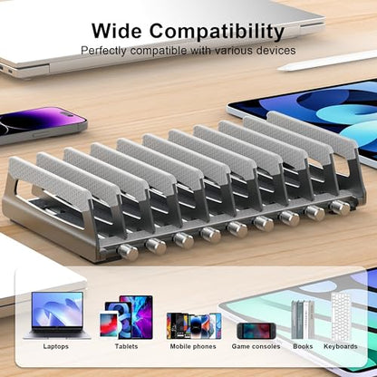 Elestoria 10-Slot Vertical Laptop Stand & Holder – Adjustable Aluminum Laptop Stand Vertical for Desk Fits 10 Devices, MacBook & Gaming Laptops (Up to 17.3”) – Space Saving Laptop Storage Rack - Grey - size: 10 - Slot