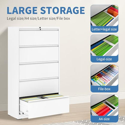 5 Drawer File Cabinet with Lock, Metal Lateral Filing Cabinets - color: White, size: 5 Drawer_ 35"W