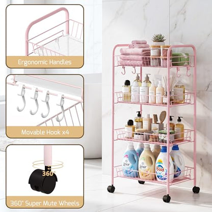 PLKOW 4-Tier Rolling Utility Cart with Detachable Baskets, Pink - color: Pink