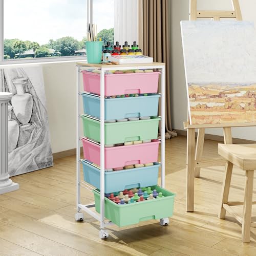 6 Drawer Rolling Storage Cart with Wooden Top and Wheels for Craft Rainbow - color: Rainbow