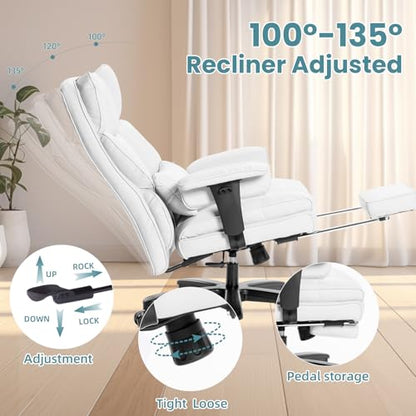 Big and Tall Office Chair with Foot Rest,Heavy Duty Office Chair(White) | PU Leather High Back Wide Desk Chair, Comfortable Executive Office Chair, 135° Reclining, Adjustable Padded Armrests - color: White