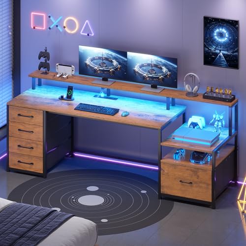 SEDETA 66'' Computer Desk with 5 Drawer, Power Outlet for Home Office - color: Rustic Brown With Led Lights, size: 67X18.5inch