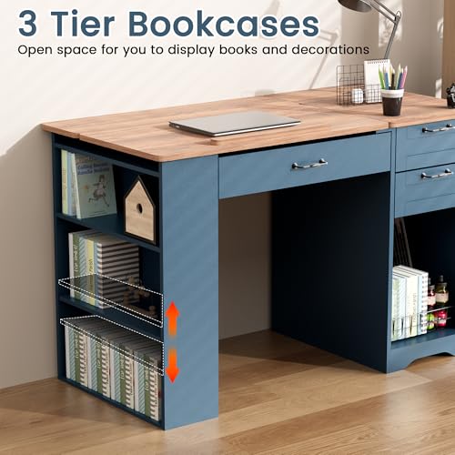 Drafting Table with Storage Cabinet & Drawers, Adjustable Drawing Desk with Open Shelves, Craft Table Painting Desk for Artists, Painters, Drawing, Crafting, Reading, Writing, Working (Blue) - color: Blue