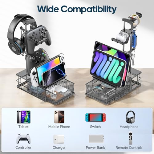 KDD Headphone Stand with Drawer - Headset & Controller Holder for Desk - Aluminum Supporting Bar Earphone Stand with Cable Organizer - Universal Gaming PC Accessories Storage