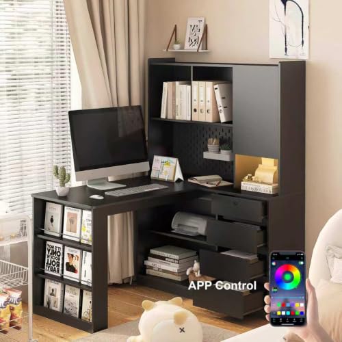 KEIKI L Shaped Home Office Desks with LED Light, Pegboard, Hutch, Drawers, Bookshelf & Storage Shelves, Modern Wooden Gaming Computer Corner Table for Work, Study, Writing - color: Black, size: Medium and Right Shelf