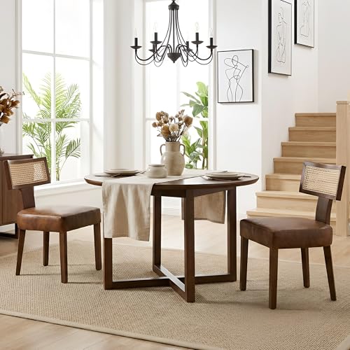 HNY Mid Century Modern Rattan Dining Chairs Set of 2, Farmhouse PU Leather Upholstered Accent Chair Curved Backrest Kitchen Chairs, with Hardwood Frame, Brown - color: Brown Rattan