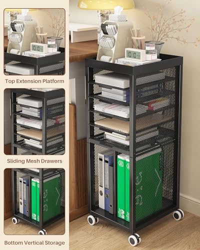 Rolling File Cart with 4 Dividers, Mobile File Cabinet with Wheels | Hanging File Folder Organizer, Under Desk Storage, Printer Stand Utility Cart Filing Cabinet for Home Office（Black）
