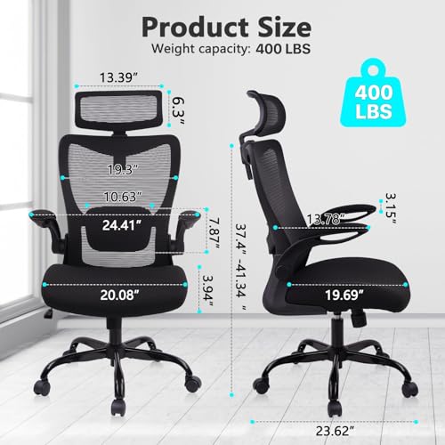 CLATINA Heavy Duty Ergonomic Mesh Office Chair 400LBS, Big and Tall Desk Chair with Adjustable Lumbar Support & Headrest, Flip Up Padded Arms, High Back Computer Chair for Home Office, Black, 8 Pack - size: 8 PK