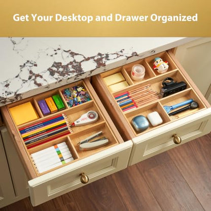 Umilife Bamboo Desk Drawer Organizer, Wood Office Junk Tray, 12"x12" | 1.8" Tall for Shallow Drawer - Adjustable dividers - Anti Slip Silicone Pads - Versatile Storage Box in Kitchen, Pantry - size: 12"x12"