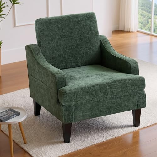 Set of 2 Accent Chair for Living Room,Mid-Century Arm Chair Chenille Fabric Living Room Chairs,Upholstered Reading Chair for Bedroom,Single Sofa Chair with Wood Legs for Apartment (Green) - color: Green