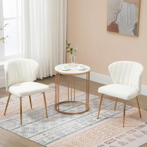 Velvet Dining Chairs Set of 2, Modern Upholstered Vanity Chairs with Golden Metal Legs for Dining Room Kitchen Vanity Patio (White) - color: White-1