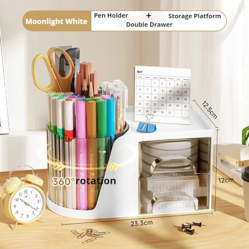 Rotating Desk Organizer, Large Capacity Cosmetic Display Case with Drawer, 360-Degree Rotating Pen Holder, Art Supply Storage Box Caddy for Office and Home - color: 360° Rotating 6 Slots 2 Drawers White