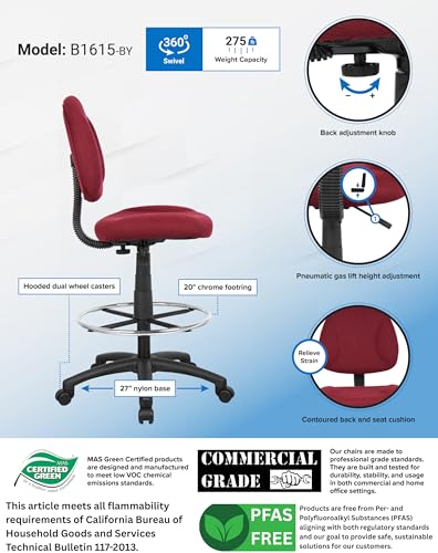 Boss Office Products B1615-BY Ergonomic Works Drafting Chair Without Arms, Burgundy, Mid-Back - color: Burgundy, style: No Arms