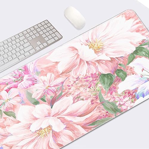 Large Mouse Pad, Mouse Pad, 31.5 x 15.7 Inch, Peony Flower Pink | Watercolor Painted Non-Slip Desk Pad Keyboard and Mouse Desk Mat for Gamer, Office & Home - color: Pink Peony Flowers