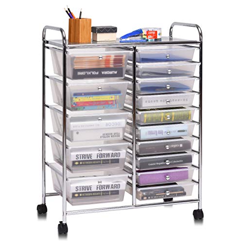 Giantex 15 Drawer Rolling Storage Cart Tools Scrapbook Paper Office School Organizer, Clear - color: Clear, size: 15 Drawers (5 Big +10 Small)