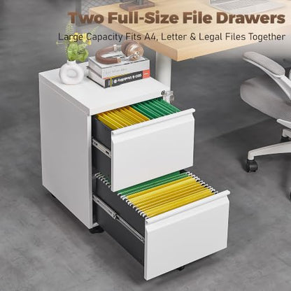 Approgreent 2 Drawer Metal File Cabinet, Fully Assembled Locking Filing Cabinet with Anti-Tipping Wheels, Quiet Slide, Heavy-Duty Steel Construction, Fits A4 Letter Legal for Home Office, Matte White - color: 03-b White