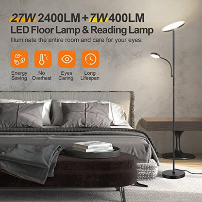 OUTON LED Floor Lamp, 27W/2400LM Modern Torchiere Lamp & 7W/ 400LM Reading Lamp, Bright Dimmable Standing Tall Lamp with 4 Color Temperature, Remote Touch Control for Living Room Bedroom Office, Black