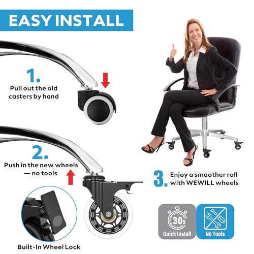 WEWILL Office Chair Wheels - Rubber Casters Replacement Universal Fit 98% Chair(Set of 5) Heavy Duty 3 Inch Smoothly & Quietly Safe for All Floor, Hardwood, Tile, Carpet, Noise Free - Transparent - color: Transparent