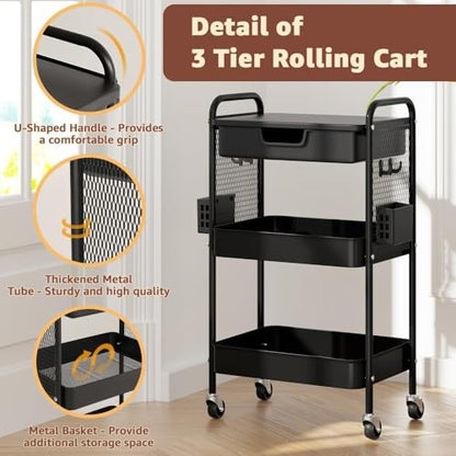 3 Tier Rolling Cart with Drawer, Metal Rolling Utility Cart on Wheels with Pegboard, Art Cart Storage Organizer with Tabletop for Living Room, Office, Bedroom (Black) - color: Black