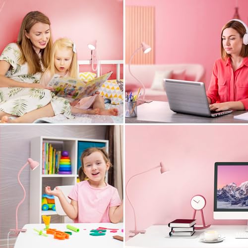 LiFMIRA Pink Small Desk Lamp Clip on LED Reading Light for Bed | 3 Color Modes 10 Dimmable Brightness, Book in Bed Headboard, Flexible Reading Lamp with Clamp BL08 - color: Pink