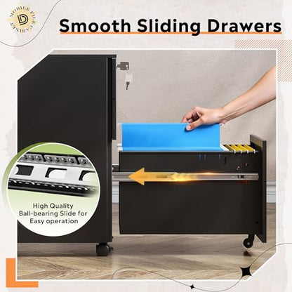 DEVAISE 3 Drawer Mobile File Cabinet, Fully Assembled Except Casters | Metal Filing Cabinet with Lock Under Desk for Home Office, Printer Stand fits A4/Letter/Legal Size, Black - color: Black, size: Thickened Steel 20" D x 15" W x 24" H